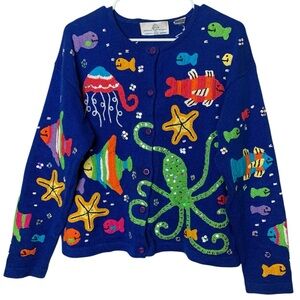 Vintage Design Options Cardigan Size S Chunky Knit Tropical Art to Wear Eclectic